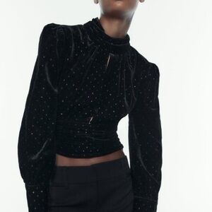 ZARA Black Velvet Gold Dot Mock Neck Blouse (XS)